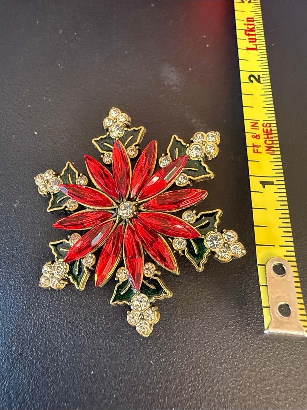 Red Poinsettia Crystal Brooch with Green Enamel Accents